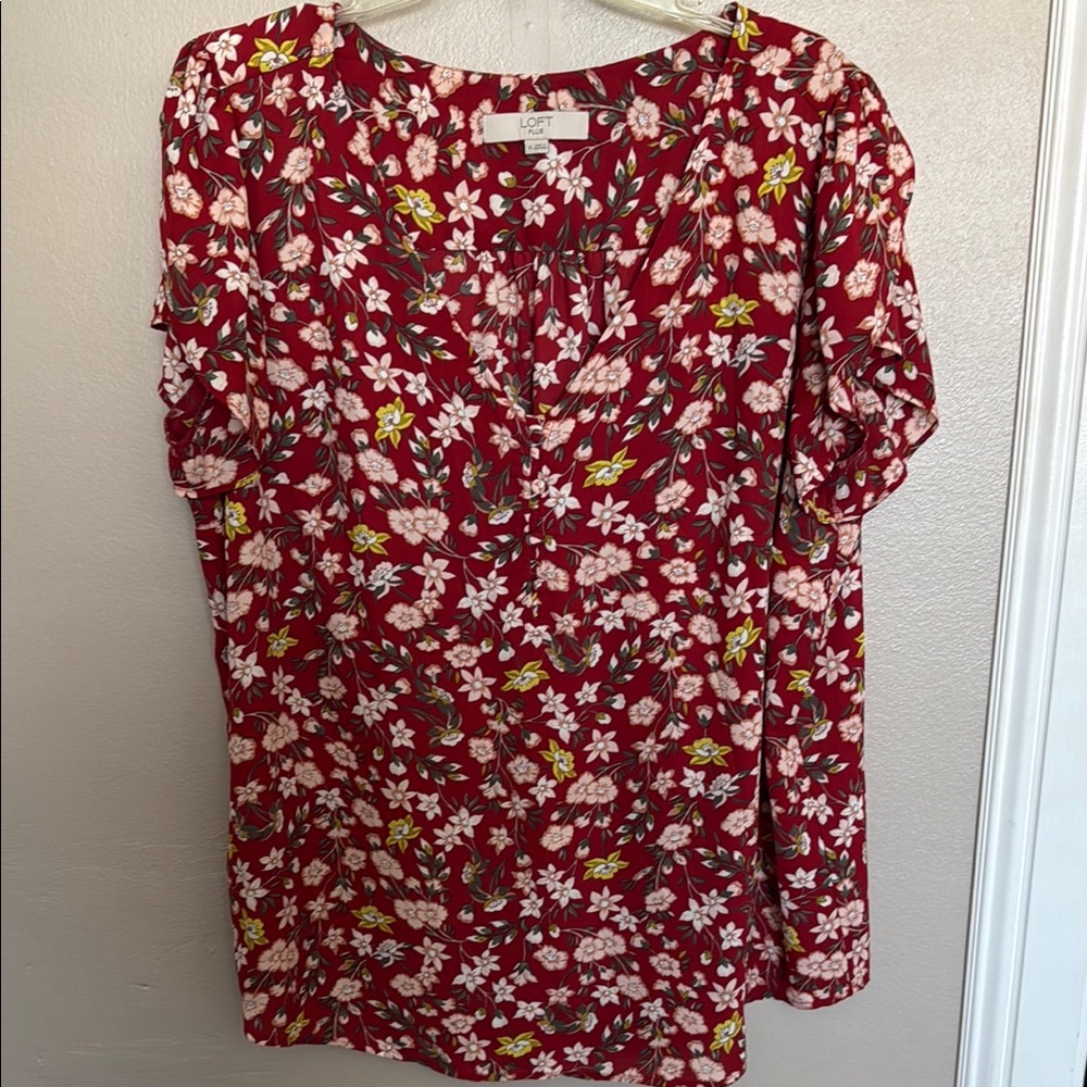 LOFT Red Short Sleeve Relaxed Blouse with Mandarin Collar